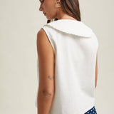 white linen tie front top women
sailor collar sleeveless blouse
linen blend summer top women
coastal white blouse women
feminine tie front summer top
lightweight linen tank women
outer banks inspired blouse
elevated casual summer top
white vacation top women
summer spritz collection top