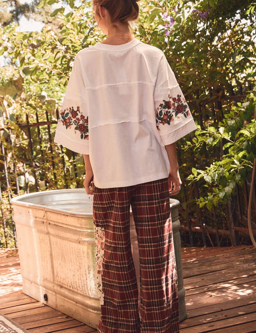 floral embroidered tee, women’s embroidered t-shirt, oversized floral tee, ivory embroidered top, cotton embroidered shirt, fall floral top, oversized cotton tee women, burgundy floral embroidery, plus size embroidered top, women’s tops s to 3xl, boho embroidered tee, boutique plus size top