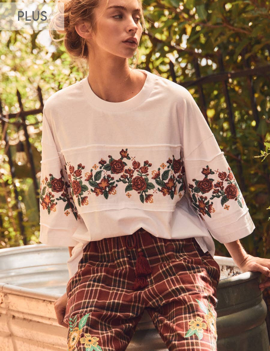 ivory oversized cotton tee with burgundy rust and green floral embroidery and wide short sleeves
