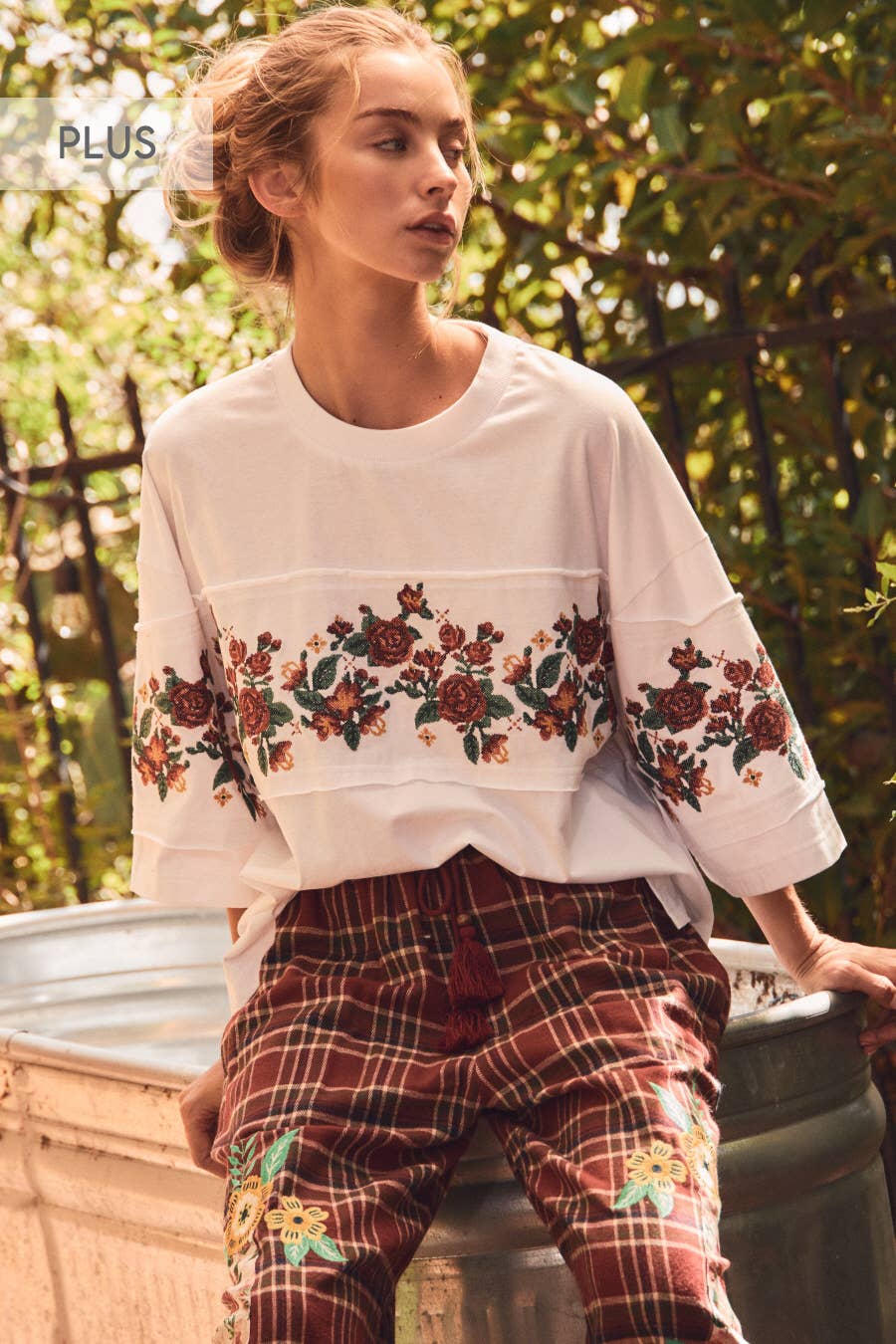 ivory oversized cotton tee with burgundy rust and green floral embroidery and wide short sleeves