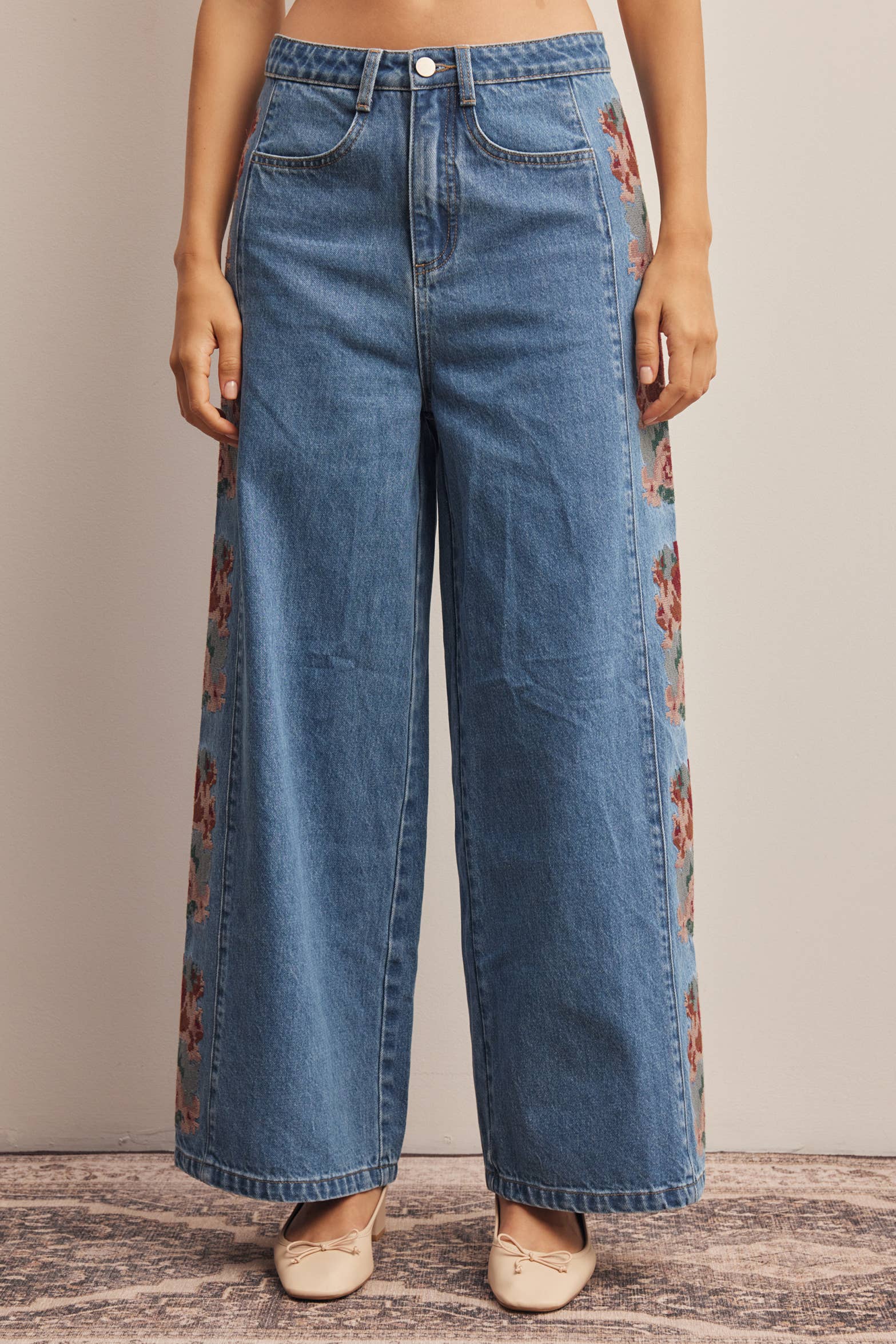 floral embroidered jeans, embroidered wide leg jeans, women’s wide leg denim, high rise wide leg jeans, floral denim, western embroidered jeans, boho wide leg jeans, medium wash jeans, statement denim, women’s fall jeans, boutique denim, embroidered denim pants