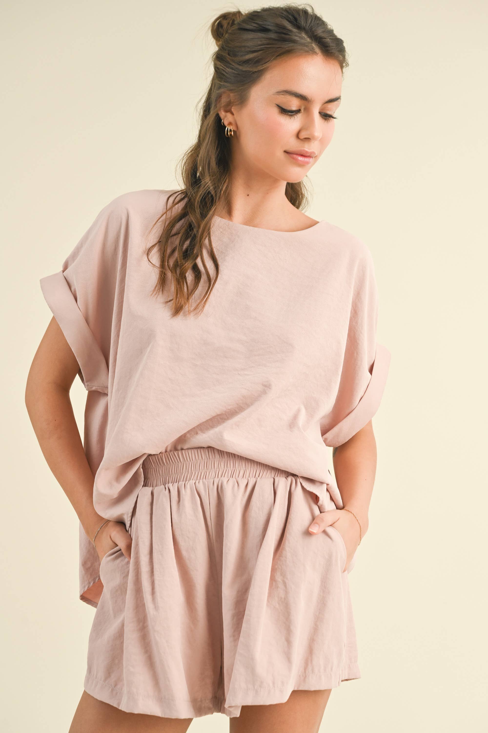 blush pink elastic waist shorts
matching set shorts
summer pull on shorts
shorts with pockets
relaxed fit shorts women
comfortable everyday shorts
mom friendly shorts
boutique summer shorts
west of may shorts