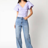 lavender puff sleeve top women, ruched cotton blouse women, easter outfit top women, lilac spring blouse women