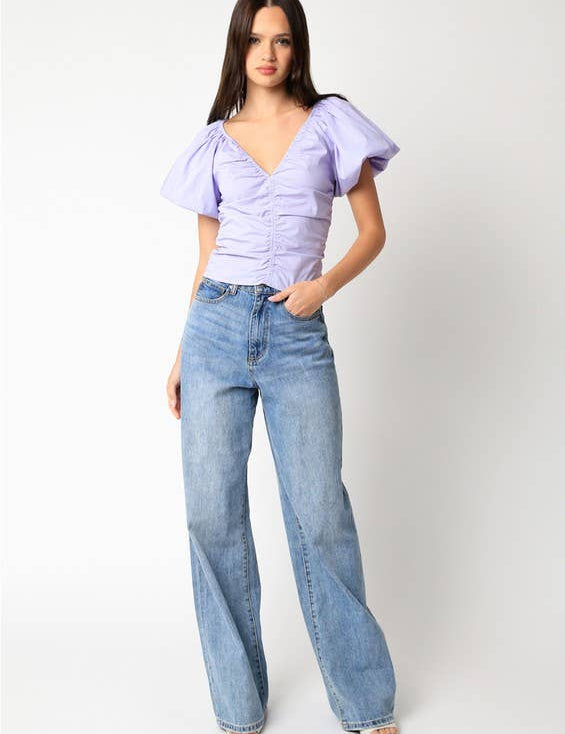 lavender puff sleeve top women, ruched cotton blouse women, easter outfit top women, lilac spring blouse women