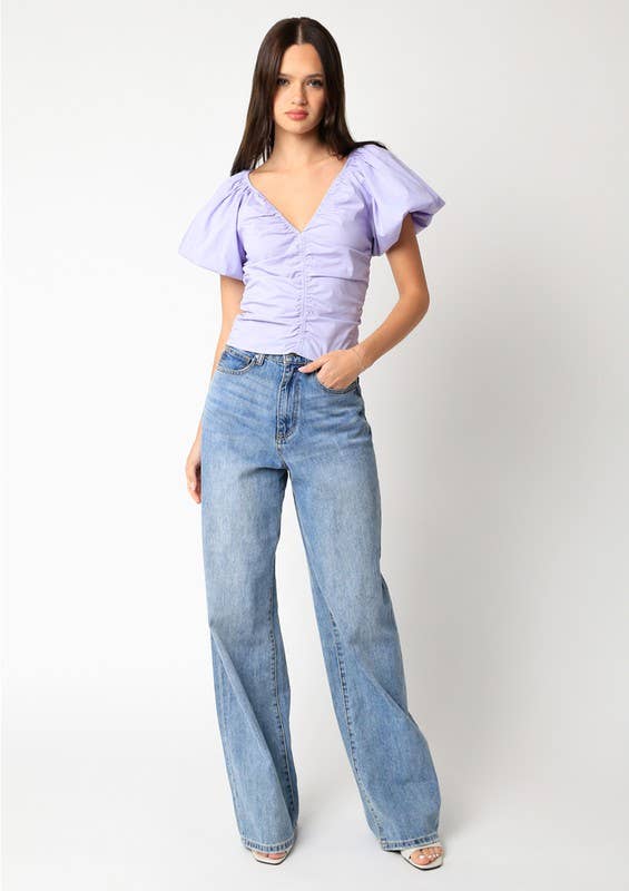 lavender puff sleeve top women, ruched cotton blouse women, easter outfit top women, lilac spring blouse women