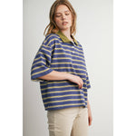 striped rugby polo, women's rugby shirt, striped polo shirt, oversized polo shirt, blue striped polo, vintage rugby top, collegiate style polo, casual cotton polo, women's boutique top, west of may boutique