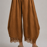 rust brown lightweight balloon leg pants with elastic drawstring waist and lace trimmed hem