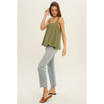 olive green gauze tank top, cotton gauze sleeveless top, flowy green tank top, relaxed fit summer tank, button front gauze top, lightweight cotton tank, casual olive sleeveless blouse, breezy everyday tank top, boho cotton gauze top, loose fit summer shirt