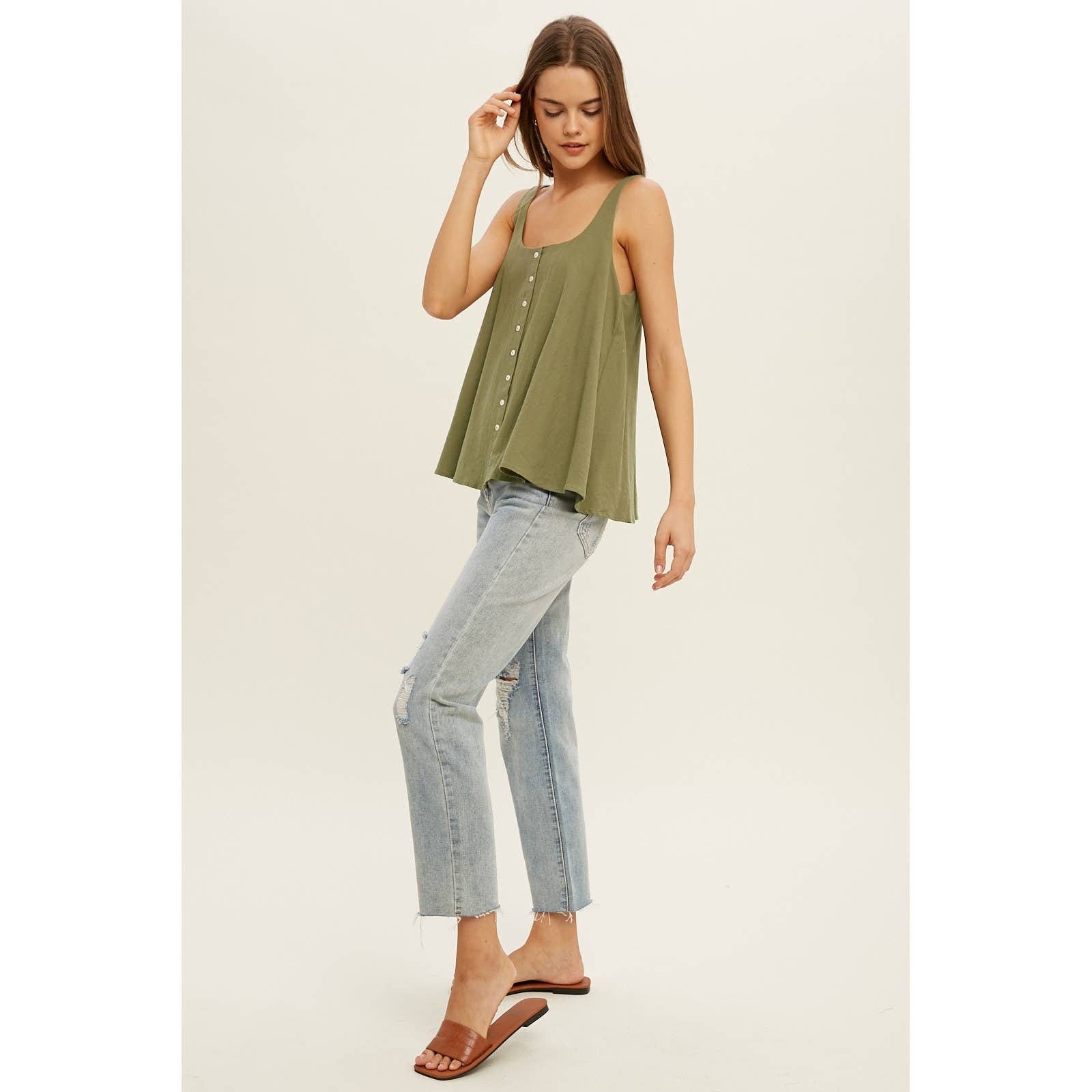 olive green gauze tank top, cotton gauze sleeveless top, flowy green tank top, relaxed fit summer tank, button front gauze top, lightweight cotton tank, casual olive sleeveless blouse, breezy everyday tank top, boho cotton gauze top, loose fit summer shirt