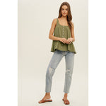 olive green gauze tank top, cotton gauze sleeveless top, flowy green tank top, relaxed fit summer tank, button front gauze top, lightweight cotton tank, casual olive sleeveless blouse, breezy everyday tank top, boho cotton gauze top, loose fit summer shirt