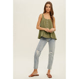 olive green gauze tank top, cotton gauze sleeveless top, flowy green tank top, relaxed fit summer tank, button front gauze top, lightweight cotton tank, casual olive sleeveless blouse, breezy everyday tank top, boho cotton gauze top, loose fit summer shirt
