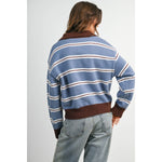 striped quarter zip sweater, retro striped sweater, women's quarter zip sweater, blue striped knit sweater, collegiate sweater, vintage inspired sweater, fall knit sweater, casual women's sweater, boutique sweater, west of may boutique
