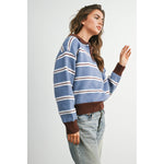 striped quarter zip sweater, retro striped sweater, women's quarter zip sweater, blue striped knit sweater, collegiate sweater, vintage inspired sweater, fall knit sweater, casual women's sweater, boutique sweater, west of may boutique