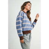 striped quarter zip sweater, retro striped sweater, women's quarter zip sweater, blue striped knit sweater, collegiate sweater, vintage inspired sweater, fall knit sweater, casual women's sweater, boutique sweater, west of may boutique