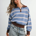 striped quarter zip sweater, retro striped sweater, women's quarter zip sweater, blue striped knit sweater, collegiate sweater, vintage inspired sweater, fall knit sweater, casual women's sweater, boutique sweater, west of may boutique