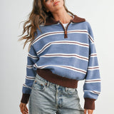 striped quarter zip sweater, retro striped sweater, women's quarter zip sweater, blue striped knit sweater, collegiate sweater, vintage inspired sweater, fall knit sweater, casual women's sweater, boutique sweater, west of may boutique