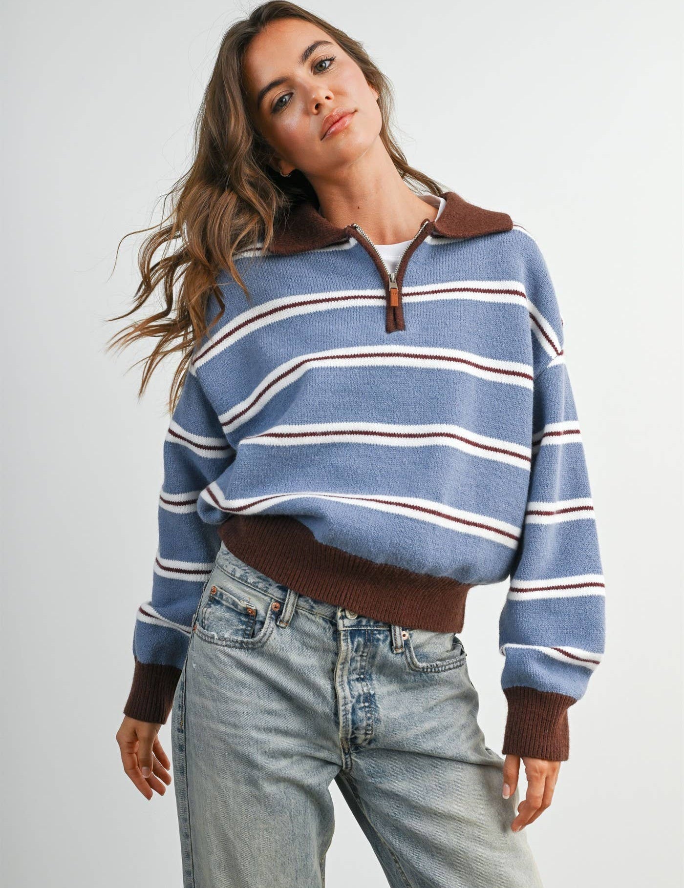 striped quarter zip sweater, retro striped sweater, women's quarter zip sweater, blue striped knit sweater, collegiate sweater, vintage inspired sweater, fall knit sweater, casual women's sweater, boutique sweater, west of may boutique