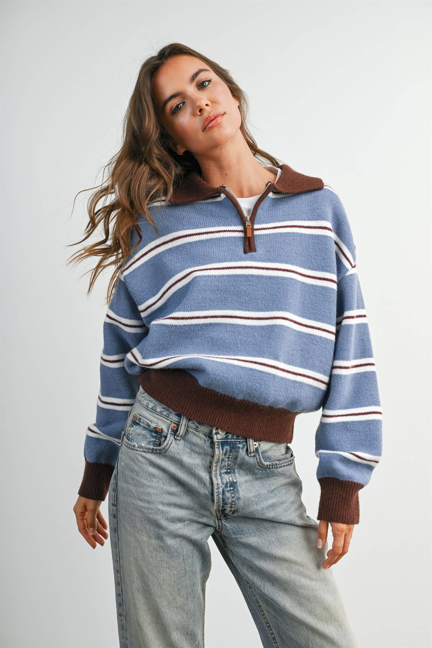 striped quarter zip sweater, retro striped sweater, women's quarter zip sweater, blue striped knit sweater, collegiate sweater, vintage inspired sweater, fall knit sweater, casual women's sweater, boutique sweater, west of may boutique