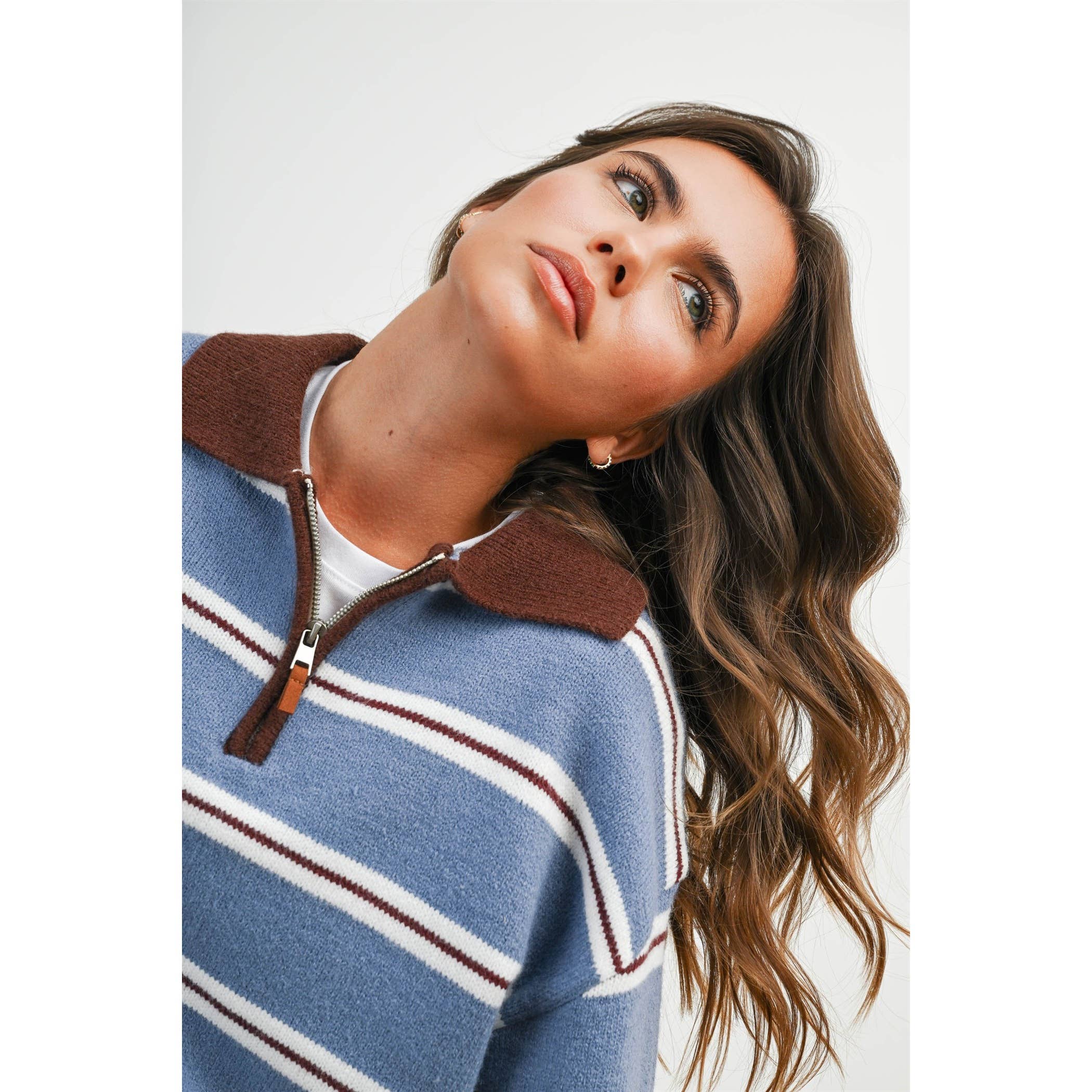 striped quarter zip sweater, retro striped sweater, women's quarter zip sweater, blue striped knit sweater, collegiate sweater, vintage inspired sweater, fall knit sweater, casual women's sweater, boutique sweater, west of may boutique