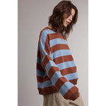 striped sweatshirt, oversized striped sweatshirt, retro striped pullover, blue and brown striped sweatshirt, women's crewneck sweatshirt, casual fall sweatshirt, collegiate style sweatshirt, cozy oversized pullover, women's boutique sweatshirt, west of may boutique