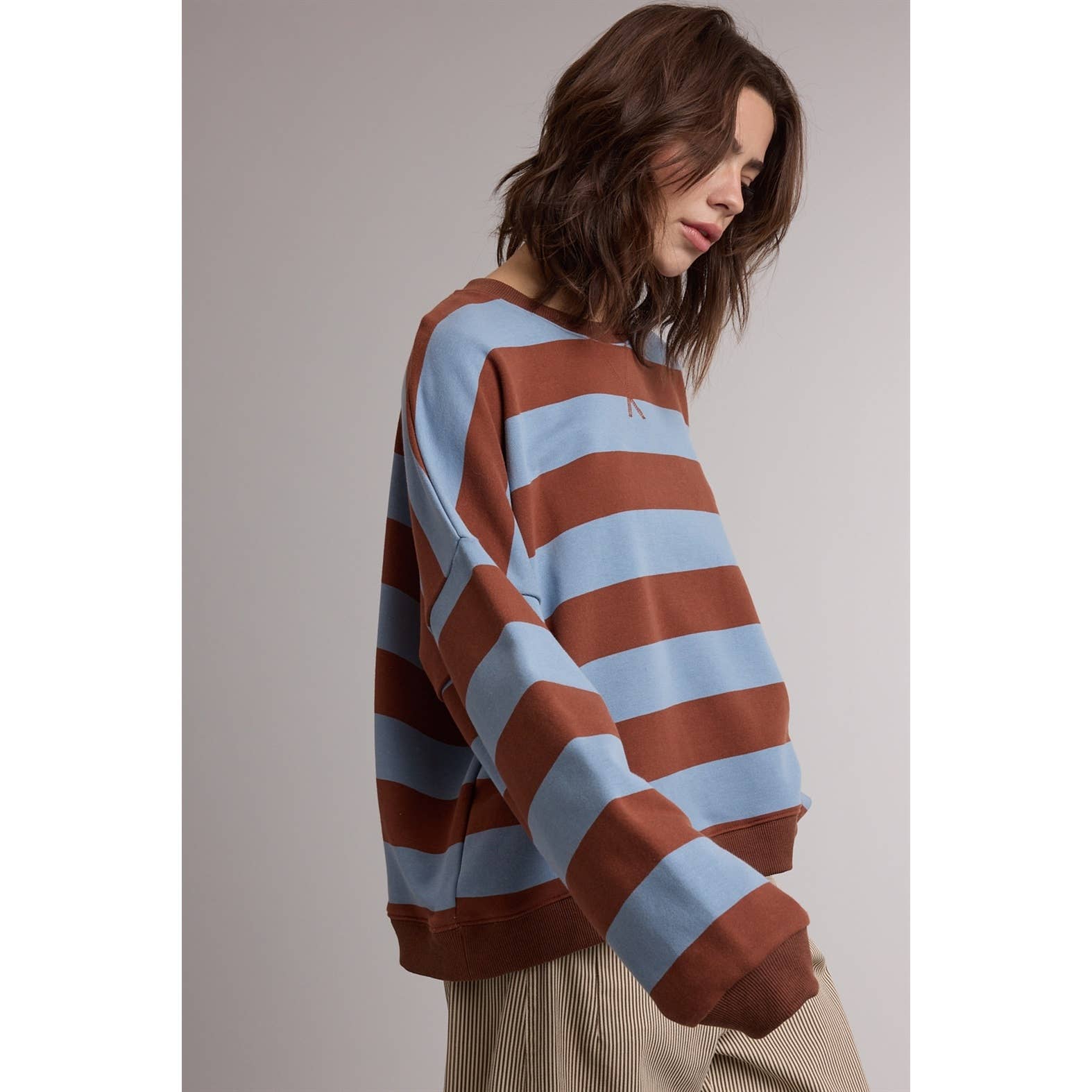 striped sweatshirt, oversized striped sweatshirt, retro striped pullover, blue and brown striped sweatshirt, women's crewneck sweatshirt, casual fall sweatshirt, collegiate style sweatshirt, cozy oversized pullover, women's boutique sweatshirt, west of may boutique