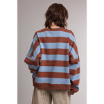 striped sweatshirt, oversized striped sweatshirt, retro striped pullover, blue and brown striped sweatshirt, women's crewneck sweatshirt, casual fall sweatshirt, collegiate style sweatshirt, cozy oversized pullover, women's boutique sweatshirt, west of may boutique