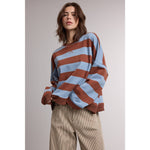 striped sweatshirt, oversized striped sweatshirt, retro striped pullover, blue and brown striped sweatshirt, women's crewneck sweatshirt, casual fall sweatshirt, collegiate style sweatshirt, cozy oversized pullover, women's boutique sweatshirt, west of may boutique