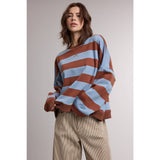 striped sweatshirt, oversized striped sweatshirt, retro striped pullover, blue and brown striped sweatshirt, women's crewneck sweatshirt, casual fall sweatshirt, collegiate style sweatshirt, cozy oversized pullover, women's boutique sweatshirt, west of may boutique