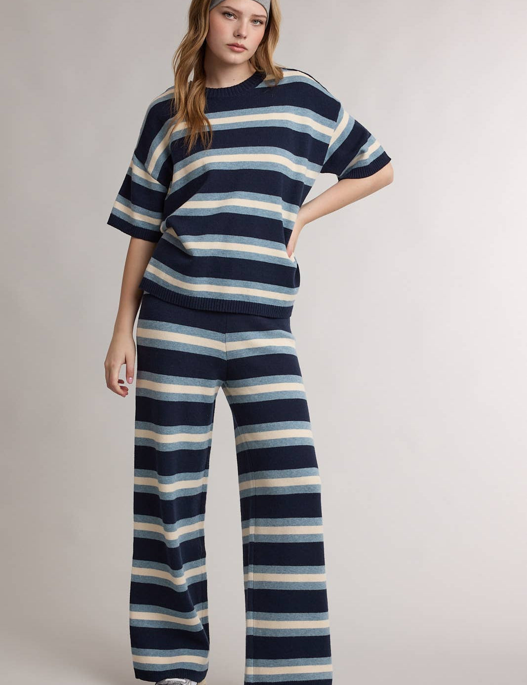 striped sweater tee, striped knit top, navy striped sweater, short sleeve sweater, lightweight knit top, women's striped sweater, casual knit top, matching knit set top, fall knit top, women's boutique clothing, west of may boutique, travel outfit, airport outfit