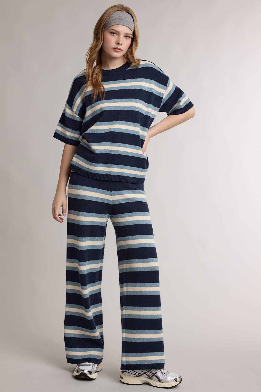 striped sweater tee, striped knit top, navy striped sweater, short sleeve sweater, lightweight knit top, women's striped sweater, casual knit top, matching knit set top, fall knit top, women's boutique clothing, west of may boutique, travel outfit, airport outfit