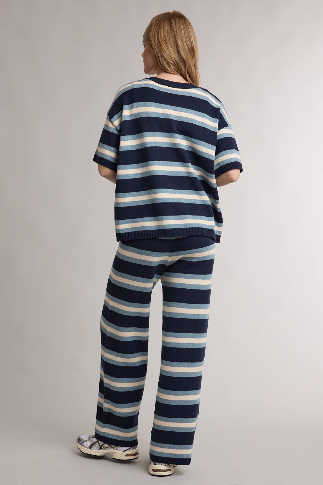 striped sweater tee, striped knit top, navy striped sweater, short sleeve sweater, lightweight knit top, women's striped sweater, casual knit top, matching knit set top, fall knit top, women's boutique clothing, west of may boutique