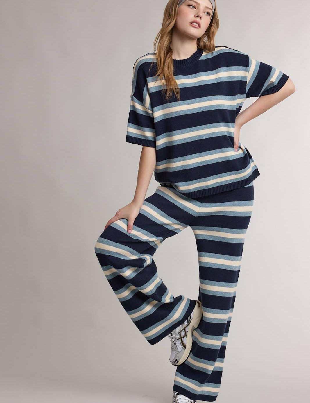 striped sweater tee, striped knit top, navy striped sweater, short sleeve sweater, lightweight knit top, women's striped sweater, casual knit top, matching knit set top, fall knit top, women's boutique clothing, west of may boutique