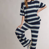 striped sweater tee, striped knit top, navy striped sweater, short sleeve sweater, lightweight knit top, women's striped sweater, casual knit top, matching knit set top, fall knit top, women's boutique clothing, west of may boutique