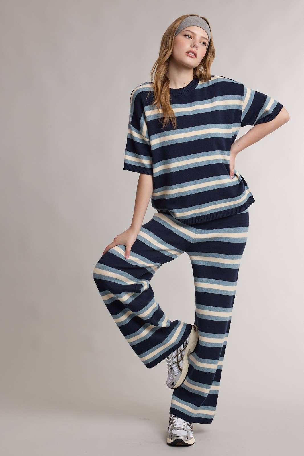 striped sweater tee, striped knit top, navy striped sweater, short sleeve sweater, lightweight knit top, women's striped sweater, casual knit top, matching knit set top, fall knit top, women's boutique clothing, west of may boutique