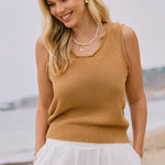 sleeveless sweater tank, tan knit tank top, lightweight sweater vest, textured knit tank, women's sweater tank, sleeveless knit top, neutral layering top, casual knit shell, ribbed sweater tank, plus size sweater tank