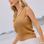 sleeveless sweater tank, tan knit tank top, lightweight sweater vest, textured knit tank, women's sweater tank, sleeveless knit top, neutral layering top, casual knit shell, ribbed sweater tank, plus size sweater tank