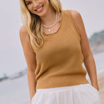 sleeveless sweater tank, tan knit tank top, lightweight sweater vest, textured knit tank, women's sweater tank, sleeveless knit top, neutral layering top, casual knit shell, ribbed sweater tank, plus size sweater tank