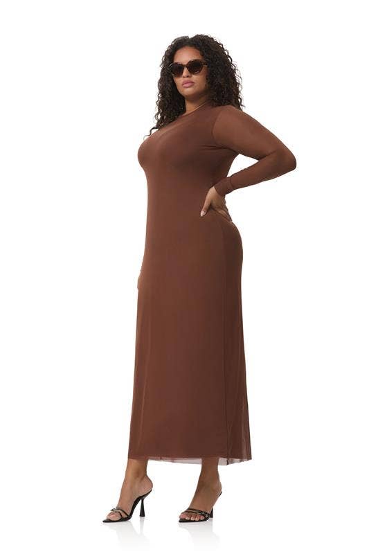 brown bodycon, long sleeve brown body con dress, longsleeve brown dress, tight brown dress, wedding guest dress, mesh stretchy dress, plus size wedding guest dress, plus size bodycon dress, stretchy comfortable date night dress, johnson city boutique, johnson city dress, johnson city shopping, sale dress