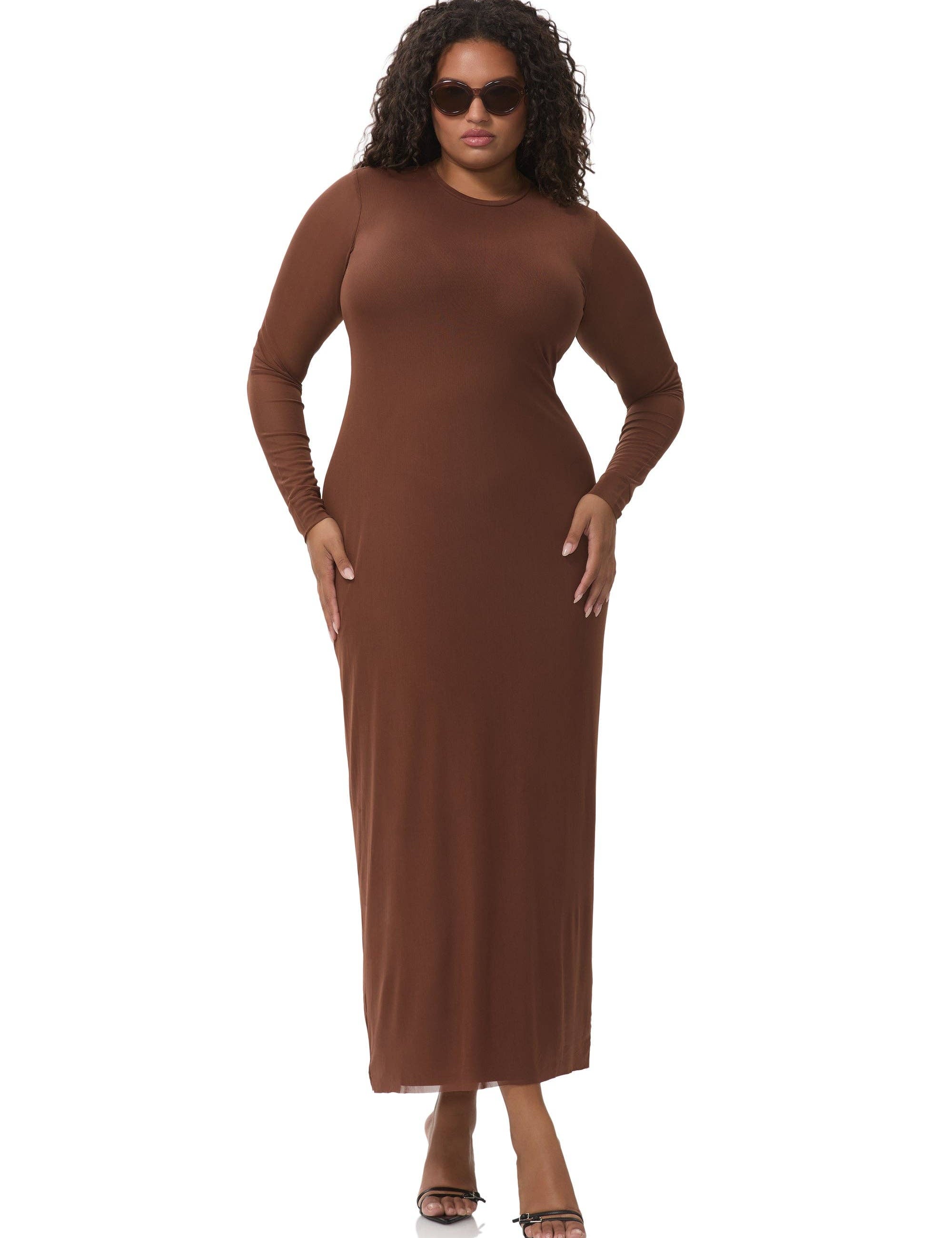 brown bodycon, long sleeve brown body con dress, longsleeve brown dress, tight brown dress, wedding guest dress, mesh stretchy dress, plus size wedding guest dress, plus size bodycon dress, stretchy comfortable date night dress