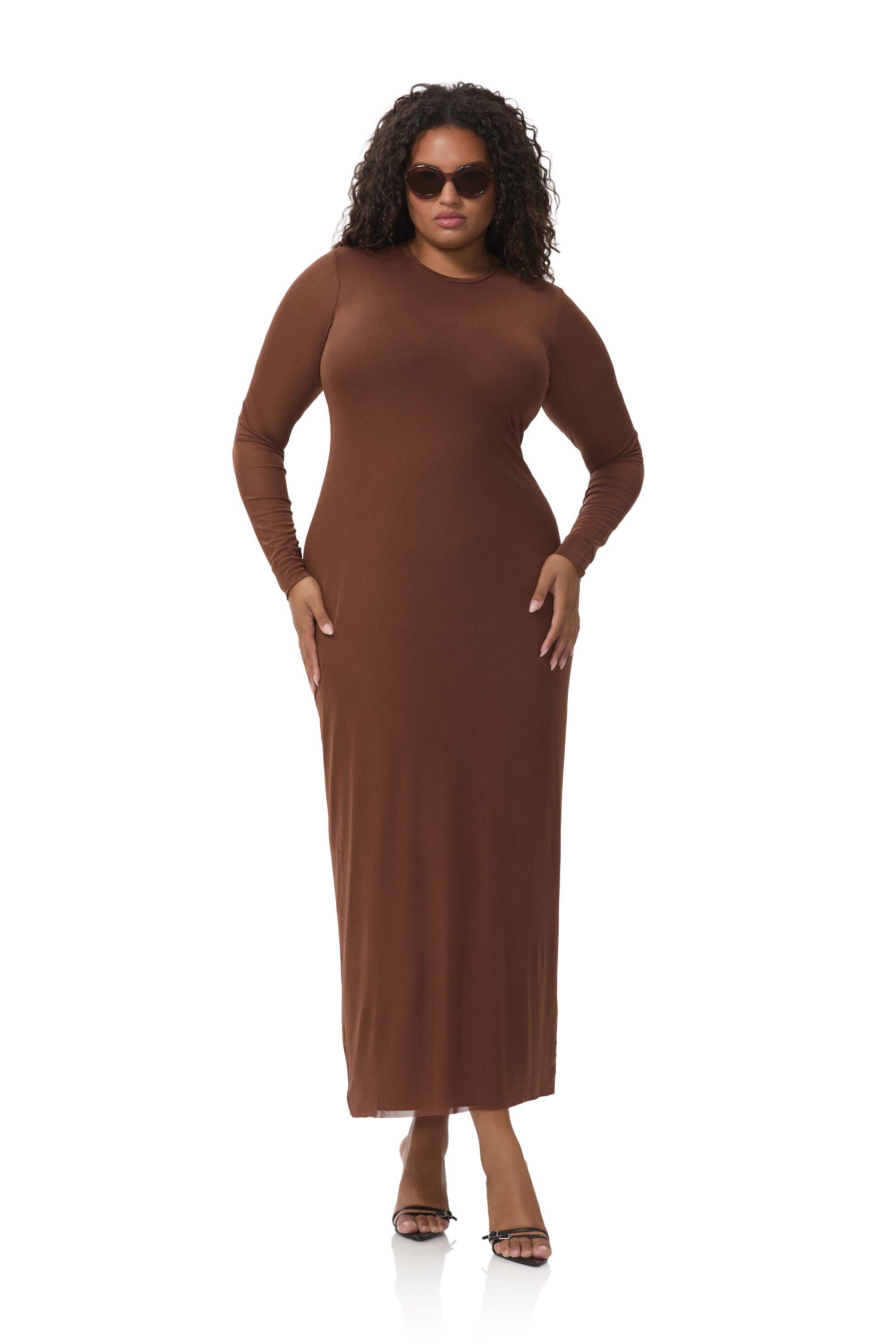 brown bodycon, long sleeve brown body con dress, longsleeve brown dress, tight brown dress, wedding guest dress, mesh stretchy dress, plus size wedding guest dress, plus size bodycon dress, stretchy comfortable date night dress