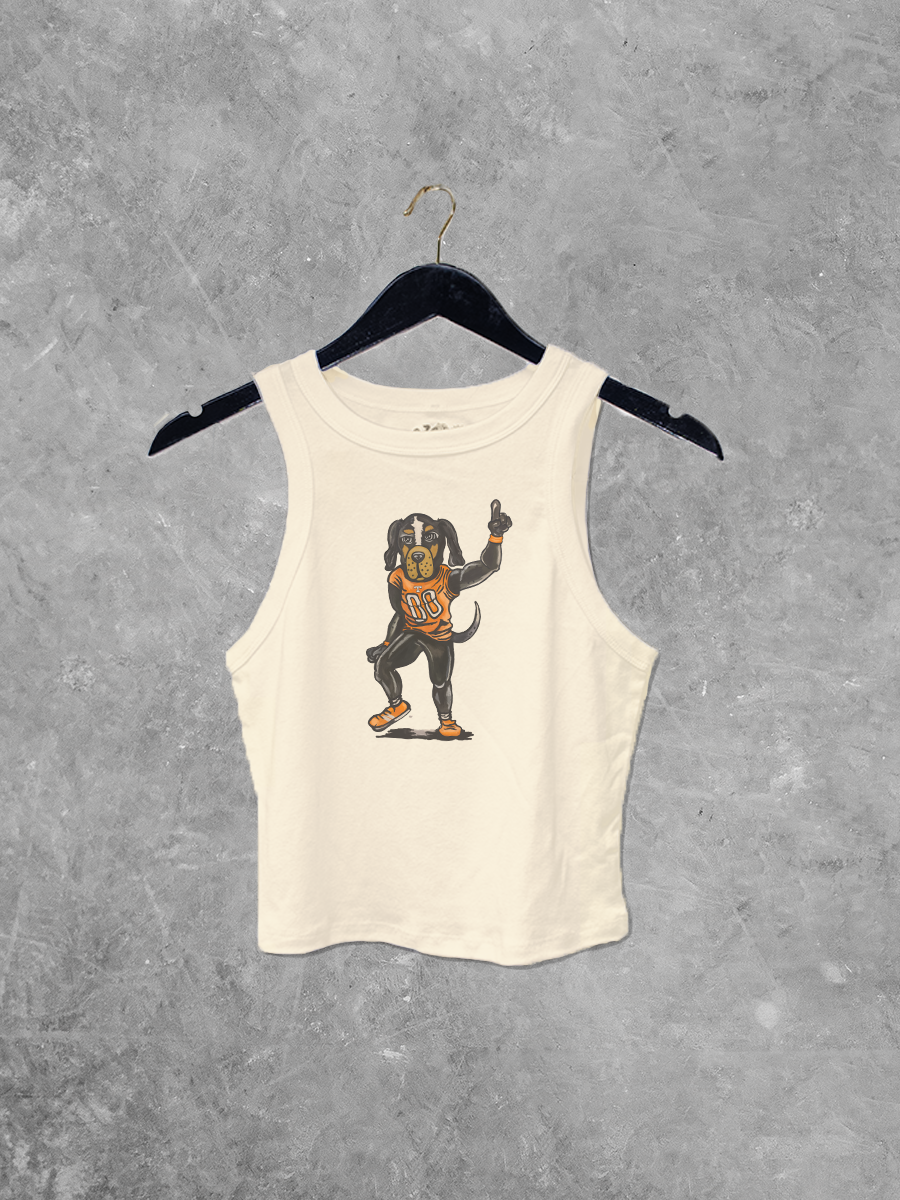 mokey mascot graphic tank, vintage game day tank, smoky mascot baby tank, tennessee football inspired tank, micro ribbed baby tank, women's game day apparel, tailgate outfit, retro sports graphic tank, football season outfit, west of may boutique, UT tank, vols outfit, vols game day, UT game day
