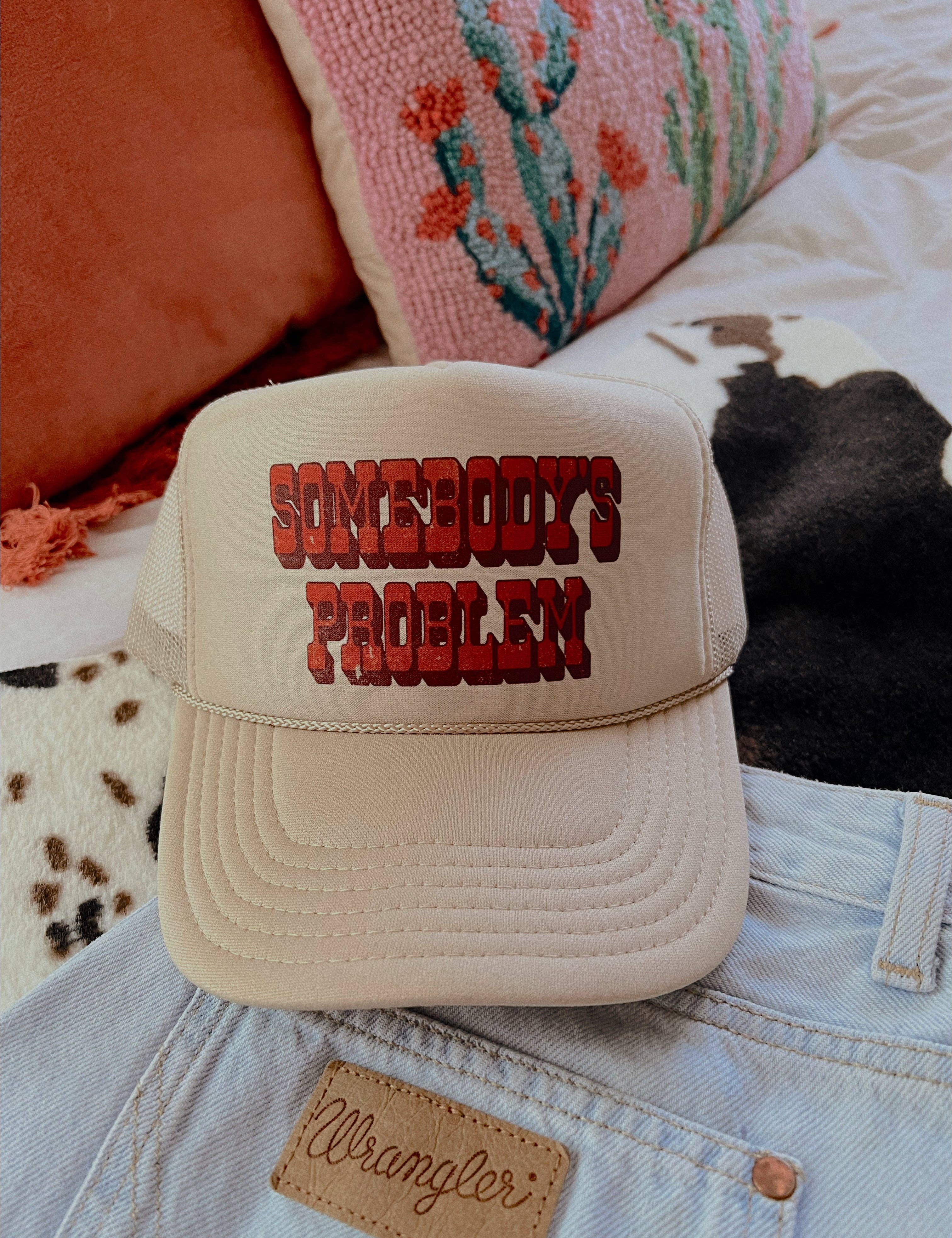 beige trucker hat, somebody's problem trucker hat, western trucker hat, cowgirl aesthetic hat, country concert hat