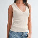 cream ribbed tank top, women’s v-neck tank, cotton ribbed tank, cream layering tank, wide strap tank top, fitted tank top, women’s basic tank, neutral layering top, fall layering tank, cotton stretch tank, women’s boutique basics