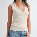 cream ribbed tank top, women’s v-neck tank, cotton ribbed tank, cream layering tank, wide strap tank top, fitted tank top, women’s basic tank, neutral layering top, fall layering tank, cotton stretch tank, women’s boutique basics