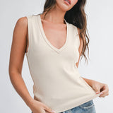 cream ribbed tank top, women’s v-neck tank, cotton ribbed tank, cream layering tank, wide strap tank top, fitted tank top, women’s basic tank, neutral layering top, fall layering tank, cotton stretch tank, women’s boutique basics