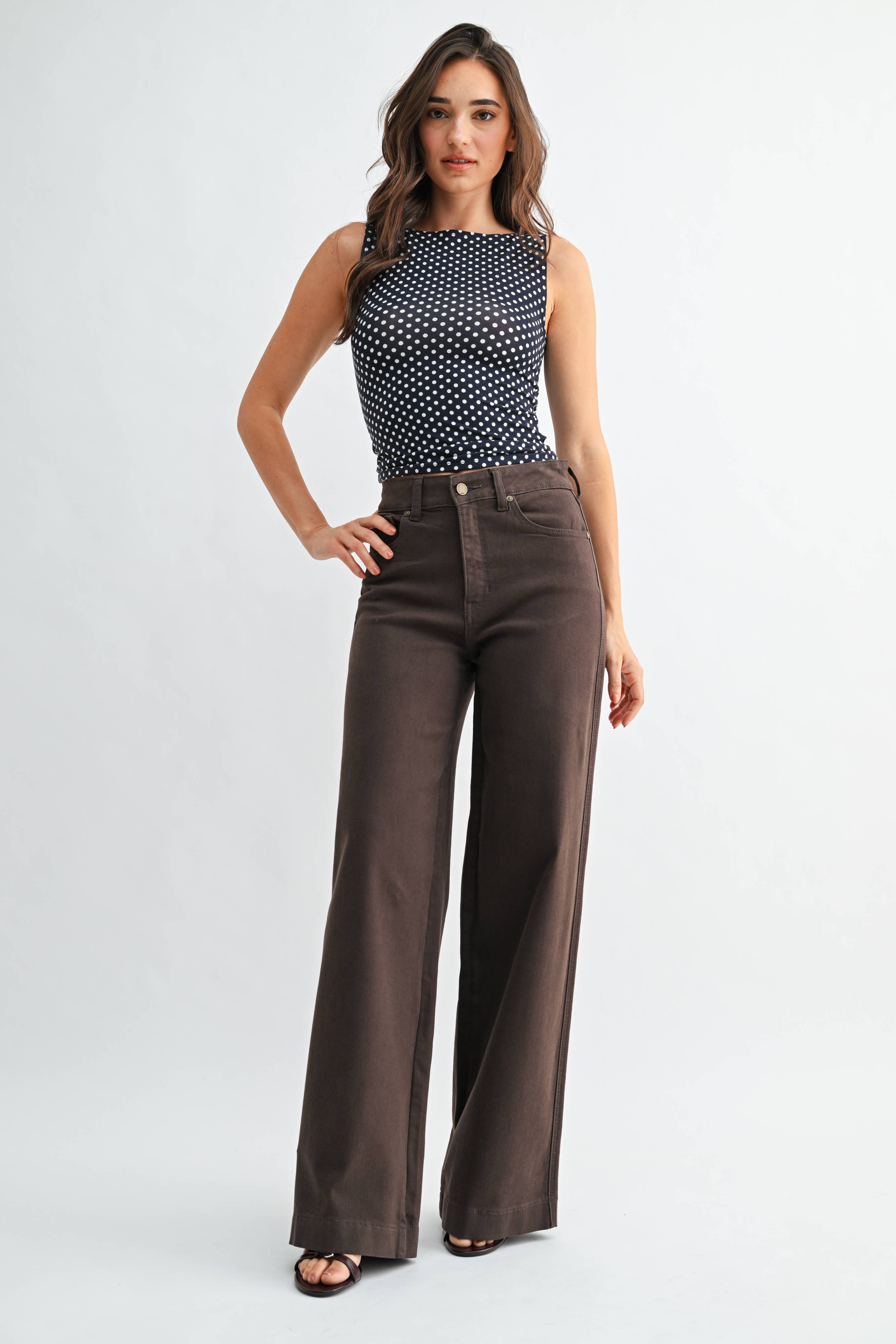 brown wide leg jeans, dark brown jeans, chocolate brown jeans, high rise wide leg jeans, women’s brown denim, full length jeans, fall denim, wide leg denim, high waisted brown jeans, 32 inch inseam jeans, dark brown pants