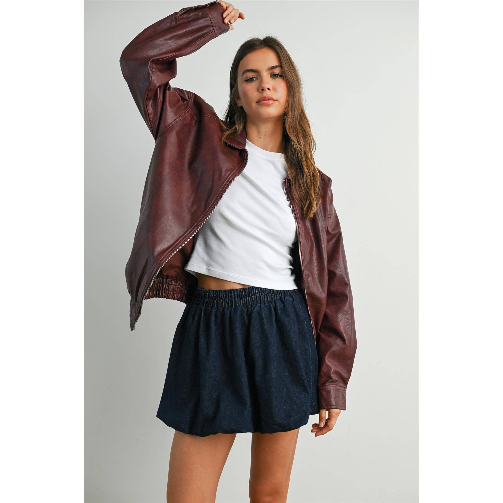 faux leather jacket, burgundy leather jacket, oxblood jacket, zip front leather jacket, oversized leather jacket, women's faux leather bomber, fall layering jacket, vintage inspired leather jacket, women's boutique outerwear, west of may boutique, vegan leather jacket