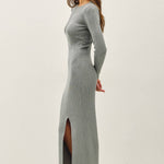 gray long sleeve sweater maxi dress with slit