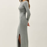 gray long sleeve sweater maxi dress with slit