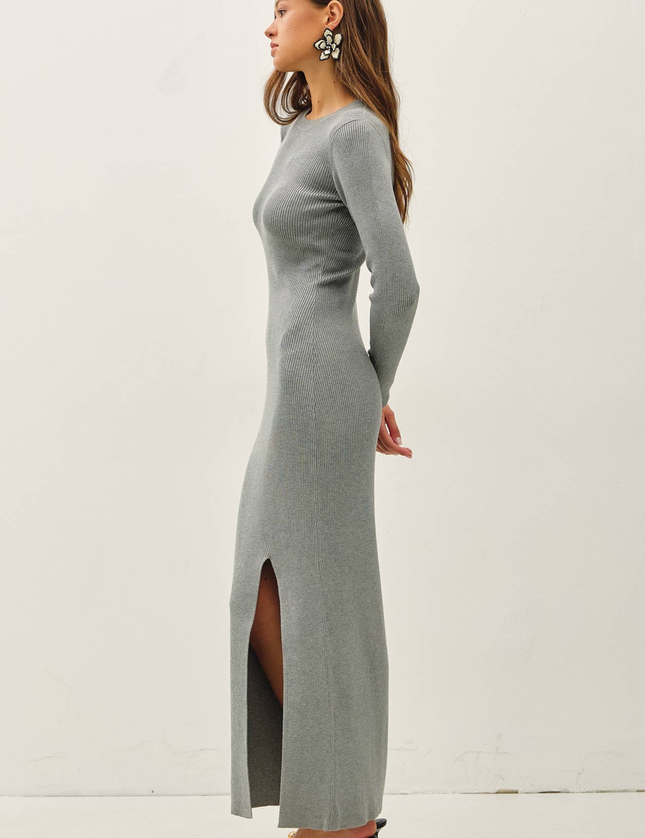 gray long sleeve sweater maxi dress with slit
